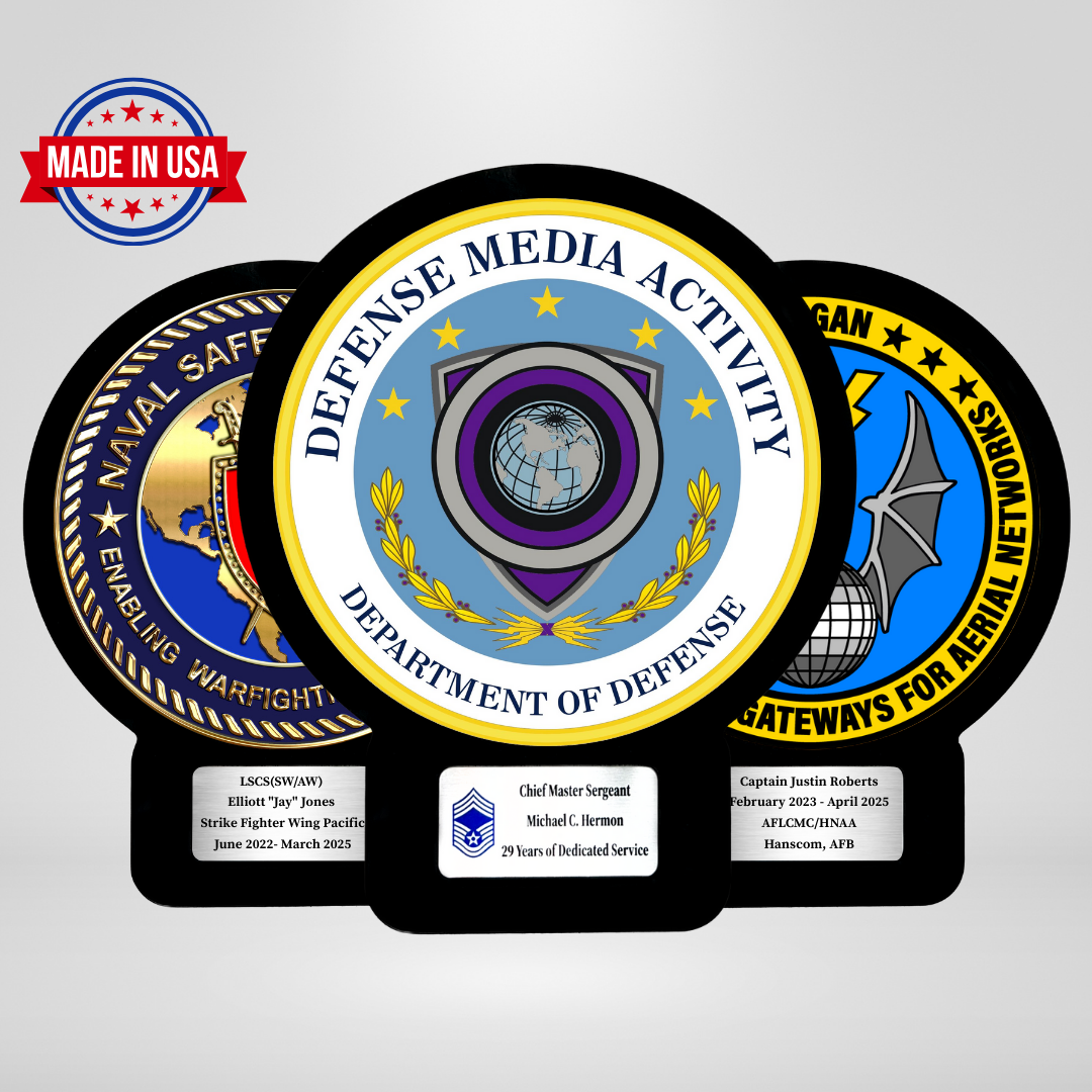 Wall-mounted military award plaques with full-color emblems and customizable nameplates