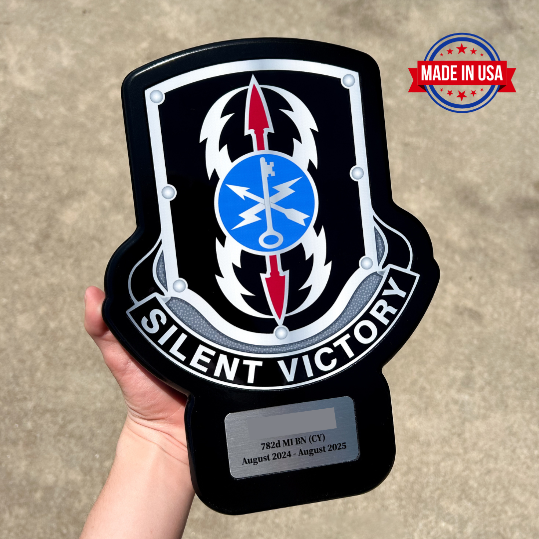 Handcrafted wood award plaque featuring 782nd Military Intelligence Battalion emblem and custom name plate